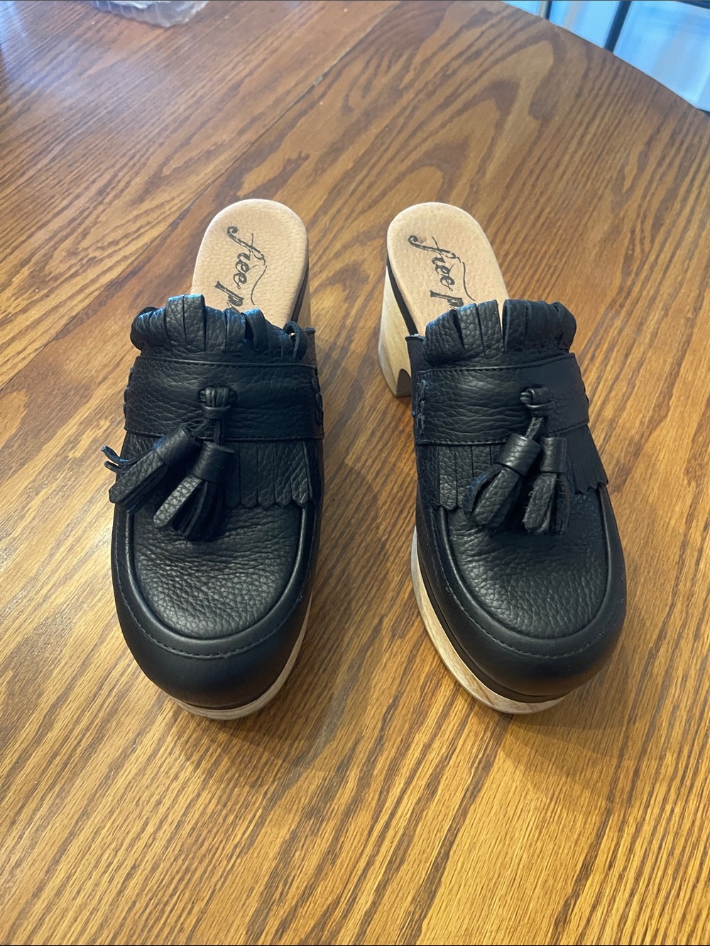 Free People Black Leather Tassel Kiltie Platform Mules